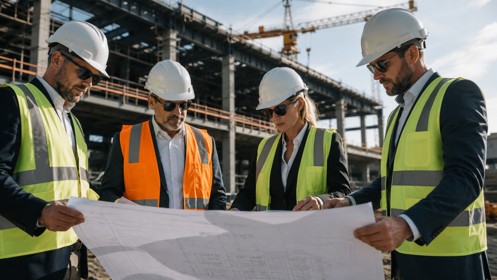Construction professionals reviewing plans at a job site